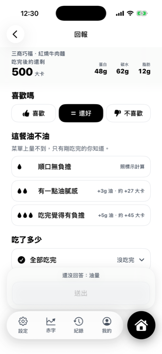 記一餐：紅燒牛肉麵吃完後還剩多少，以及「這餐油不油」三個選項